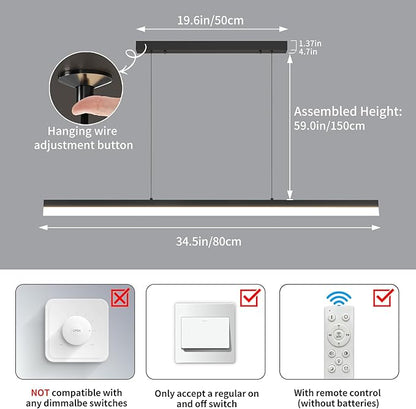 Modern LED Linear Pendant Light, 31IN Ceiling Chandlier Light Fixtures Hanging with Remote Control 3000k-6500K Adjustable Color Temperature Island Light for Dining Room, Kitchen