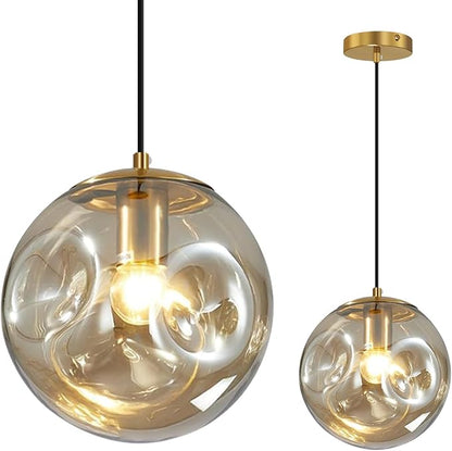 Modern Amber Concave Glass Pendant Light, Kitchen Island Lighting Single Globe Pendant Light Fixtures Century Kitchen Island Pendant Lighting for Bedroom Living Dining Room Light （Without Bulb）