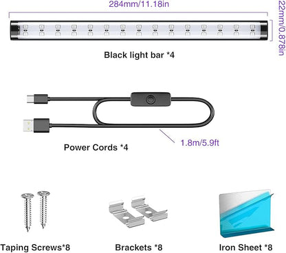 Onforu 4 Pack 10W LED Black Light Bar, 1ft, USB Blacklight Tube, Blacklight Bars with Switch, Black Light for Fluorescent Tapestry Poster, Cabinet, Glow Party, Halloween, Classroom, Body Paint