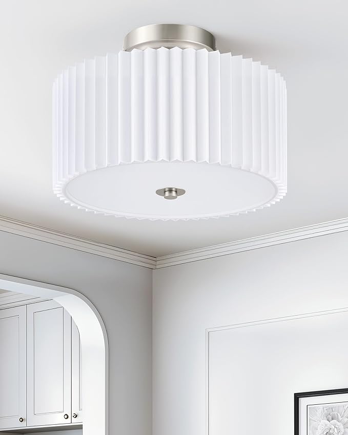 VONLUCE Semi-Flush Mount Ceiling Light, 12.2" Modern 2-Light Ceiling Light Fixture with White Pleated Drum Shade 2 E26 Sockets for Bedroom Entryway Living Room, Nickel Finish, ETL Certificated