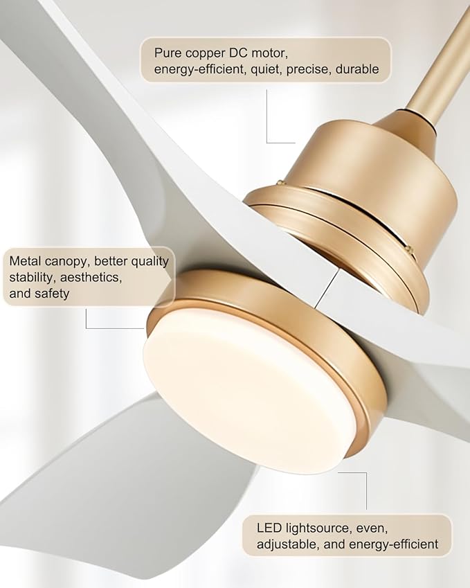White and Gold Ceiling Fans with Lights and Remote, 52inch Modern Gold Ceiling Fan ETL Listed, 3 Downrods, 3 blades Gold Fan Reversible Quiet DC Motor, Timer,6-Speed for Outdoor Indoor,52in,White Gold