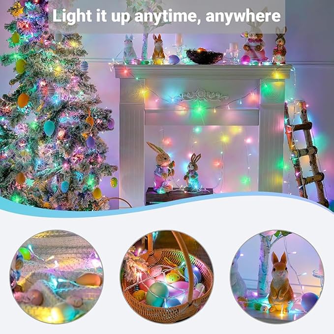 LAMPHOME 33Ft 100 LED Easter Lights Outdoor Indoor for Decorations,16modes Connectable Colorful Pastel Easter Lights String Clear Wire Plug in for Bedroom Tree Room Party Spring Decor