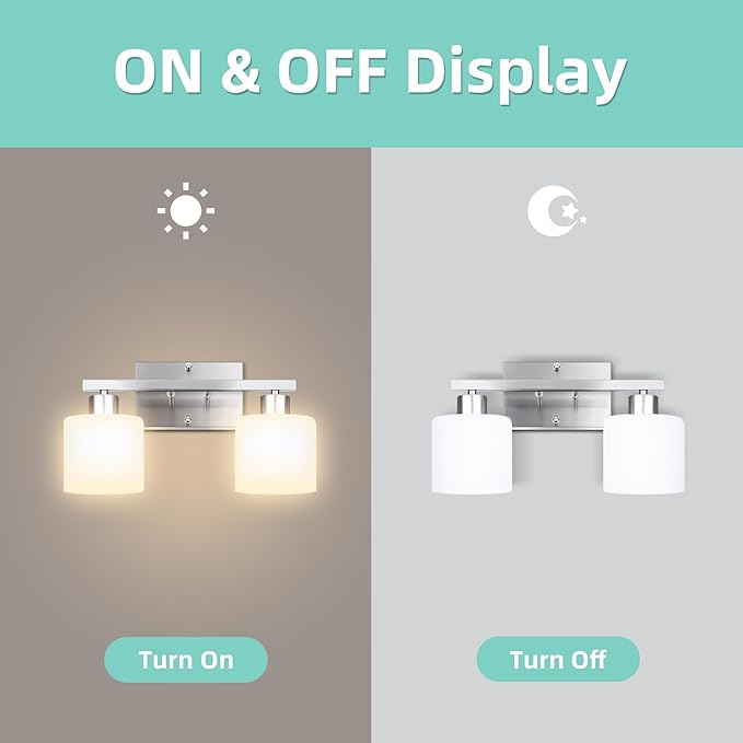 SILAMPDI Bathroom Lighting Fixtures Over Mirror Brushed Nickel, Modern 2-Light Vanity Lights Fixtures, Wall Sconces Light for Bedroom, Hallway, Milky White Glass Shades, E26 Base, Bulbs Not Included