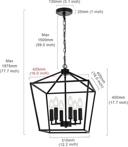 MELUCEE 6-Light Black Farmhouse Chandelier 16 Inches Cage Hanging Lights Rustic Lantern Pendant Lighting for Kitchen Island Dining Room Foyer Hallway, E12 Base