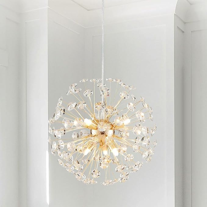 AGV LIGHTING Modern Crystal Chandelier Sputnik Dandelion Pendant Light Fixture, 6-Light Gold Chandelier for Dining Room Living Room Bedroom Foyer