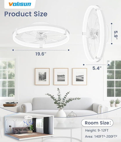 VOLISUN Low Profile Ceiling Fans with Lights and Remote, 20in Flush Mount Ceiling Fans with Light, 3000K-6500K Dimmable Fandelier Ceiling Fan, White Bladeless Ceiling Fan for Bedroom