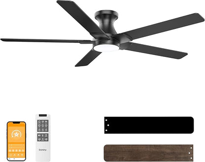 DAMINY 52 inch Black Ceiling Fans with Lights,5 Blades,6CCT, Low Profile,Remote Control,for Bedroom, Kitchen,Living Room,Indoor/Outdoor Use,Flush Mount