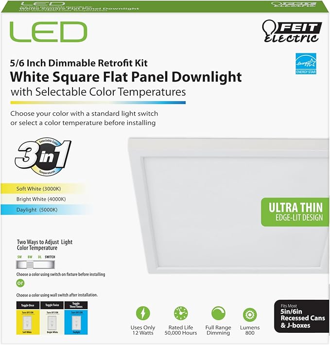 Feit Electric 74208 LED Square Flat Panel Downlight, Dimmable, Ultra Thin and Edge-Lit Design, Color Selectable Ceiling Flush Mount Light, Fit 5"/6" Recessed Can Light Fixture, 50,000-Hour Lifetime