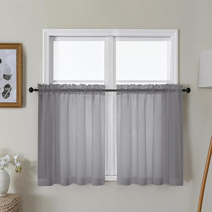 Gwine Charcoal Grey Sheer Curtains 30 Inch Length, Short Light Filtering Voile Small Cafe Kitchen Curtains with Rod Pocket, Short Curtain for Bathroom Window, 42x30 Inch, 2PCS