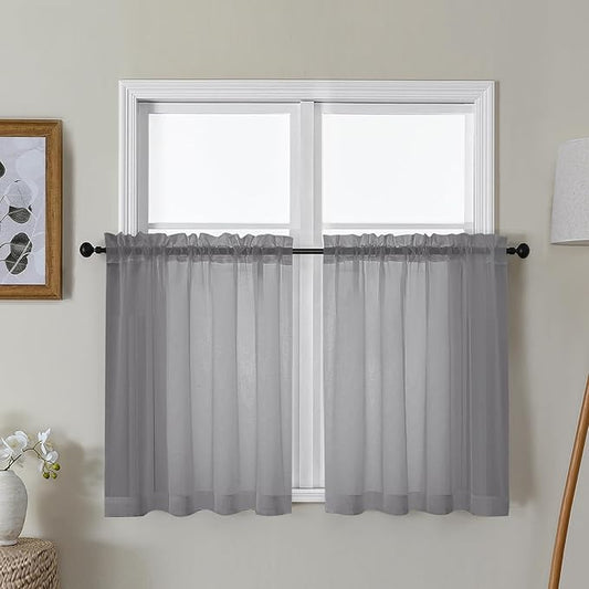 Gwine Charcoal Grey Sheer Curtains 30 Inch Length, Short Light Filtering Voile Small Cafe Kitchen Curtains with Rod Pocket, Short Curtain for Bathroom Window, 42x30 Inch, 2PCS