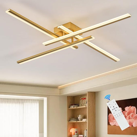 Gold Modern Led Chandelier 4-Lights Semi-Flush Mount Ceiling Lighting Fixture 35.4” Dimmable Remote Control Ceiling Light for Living Room Bedroom Kitchen Foyer