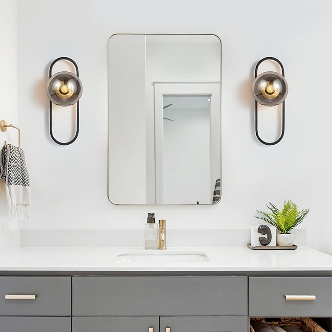 Wall Sconces Set of Two,Matte Black Wall Light Sconces with Grey Globe Glass Shade for Living Room and Bedrooms