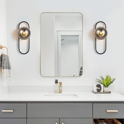 Wall Sconces Set of Two,Matte Black Wall Light Sconces with Grey Globe Glass Shade for Living Room and Bedrooms