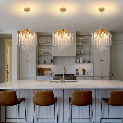 Crystal Tree Branch Chandelier Gold Roud Raindrop Pendant Light Tassel Ceiling Hanging Light Fixtures for Bedroom Living Room Dining Room Entryway Dia 12"