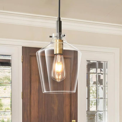 Modern Glass Pendant Lighting for Kitchen Island, Farmhouse Black and Gold Pendant Light Fixtures 1 Pack, Adjustable Hanging Ceiling Light Angled Clear Glass Shades 8 Inch