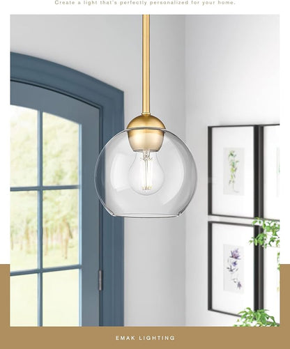 Emak Modern 7 Inch Globe Pendant Lights, Industrial Gold Pendant Light Fixtures, 1-Light Hanging Lights with Clear Glass Shade for Kitchen Island, Bedroom, Bathroom, Dining Room, Hallway, PL119-GD