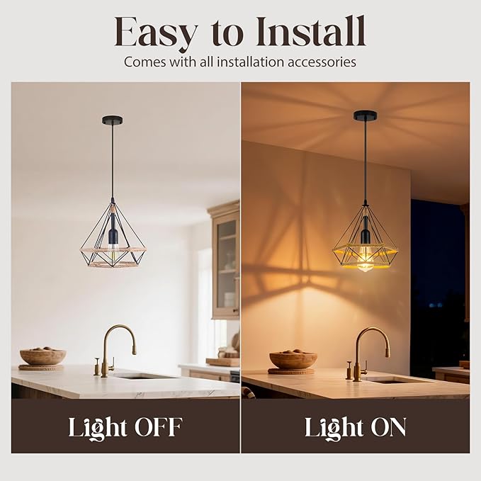 ropelux Pendant Lights Fixtures, Black Farmhouse Kitchen Island Lighting, Adjustable Height Modern Metal Hanging Light Fixture for Kitchen Island Sink Dining Room Bedroom- 3 Pcs