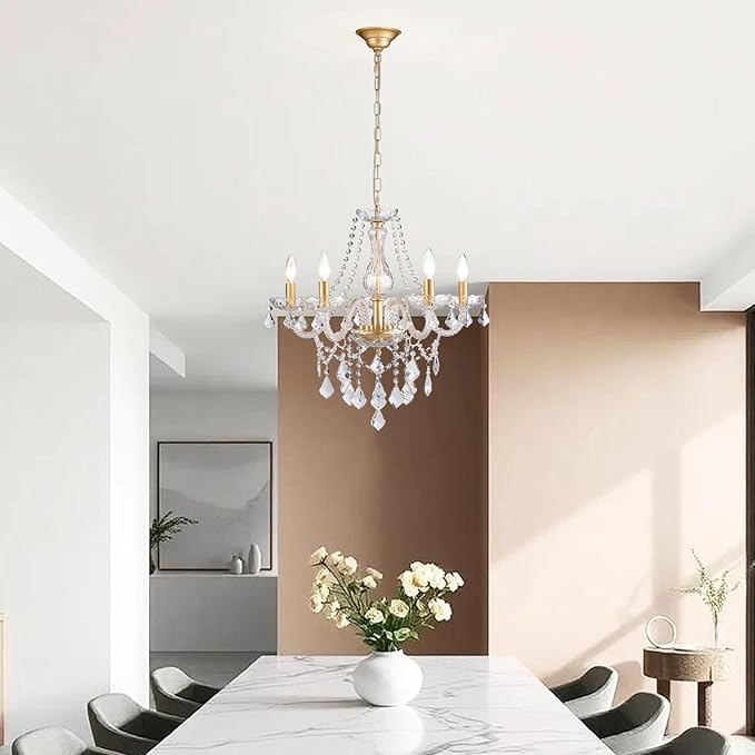 Gold Candle Crystal Glass Dining Room Chandelier 5-Light Pendant Ceiling Lighting Fixture for Kitchen Hallway Living Room Bedroom Bar Closet, Luxury Contemporary Elegant Lamp, 23 Inch