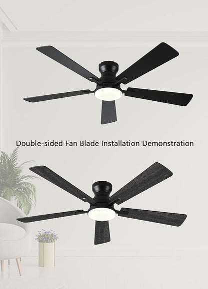 JSAITEE Ceiling Fans with Lights, 52Inch Low Profile Ceiling Fan with Light and Remote/App Control, Modern Flush Mount Black Ceiling Fan, 3CCT Dimmable, Reversible DC Motor, for Living Room,Bedroom