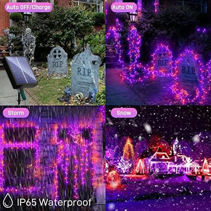 New Upgraded Orange and Purple Solar Halloween Lights, 19 Modes 2 Pack Total 144FT 400 LED Solar String Lights Outdoor Waterproof Solar & USB Rechargeable for Halloween Decorations, Orange & Purple