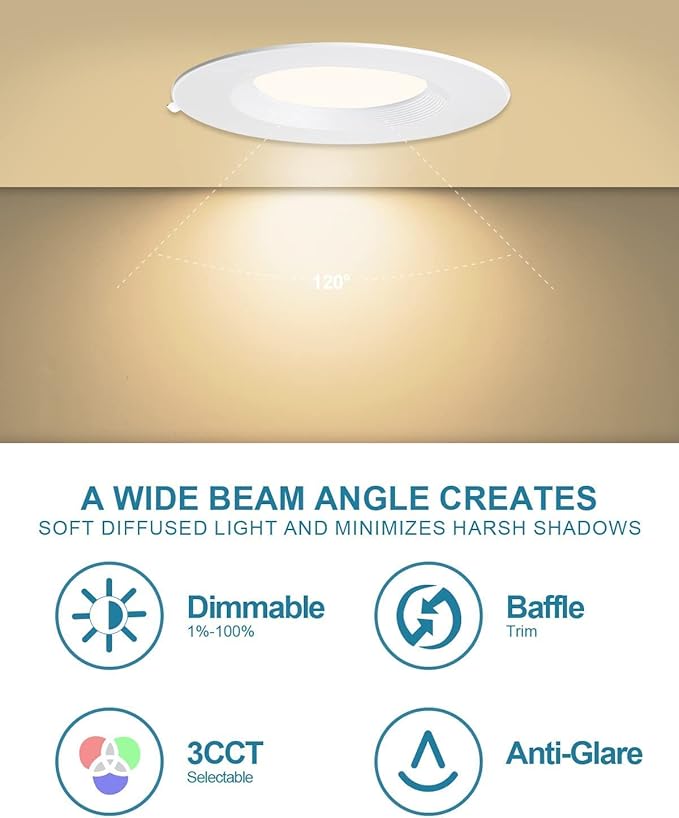 Lightdot 6 Inch Recessed Lighting 6 Pack White, 12W Dimmable LED Downlight 3CCT Selectable (3000K/4000K/5000K), Anti-Glare Slim Canless Ceiling Light