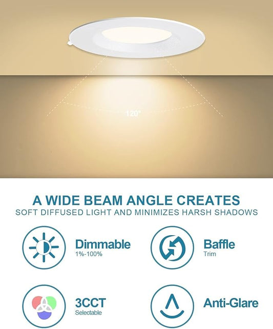 Lightdot 6 Inch Recessed Lighting 24 Pack White, 12W Dimmable LED Downlight 3CCT Selectable (3000K/4000K/5000K), Anti-Glare Slim Canless Ceiling Light