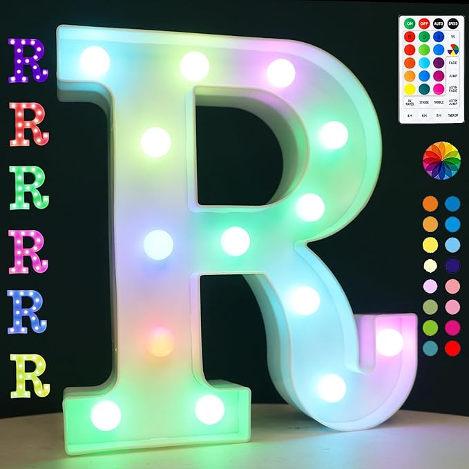 LED Marquee Letter Lights, 18 Colors Changing Light Up Letters with Remote, RGB Alphabet Letters Sign for Girls Boys Gift Birthday Party Night Light Bedroom Wedding Christmas Decor-Colorful R