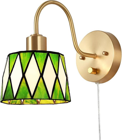 Vintage Bedside Wall Sconce with Dimmable Switch, Brass Industrial Gooseneck Wall Sconce with Plug in Cord, Stained Glass Shade Wall Light Perfect for Bedroom, Living Room and Hotel