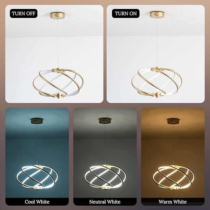 Gold Modern Chandelier with Remote Control, 48W 3-Color Temperature Dimmable LED Chandelier for Dining Room, Hanging Adjustable Pendant Light for Living Room Kitchen Foyer Entryway
