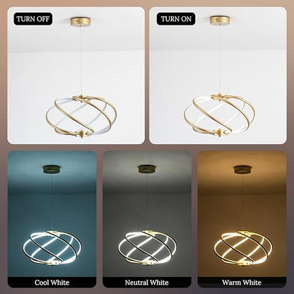 Gold Modern Chandelier with Remote Control, 48W 3-Color Temperature Dimmable LED Chandelier for Dining Room, Hanging Adjustable Pendant Light for Living Room Kitchen Foyer Entryway