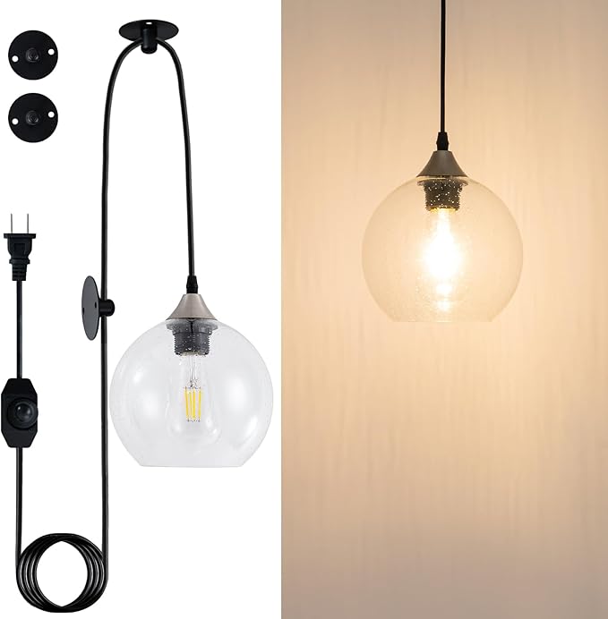 Clear Raindrop Glass Pendant Light Seeded Bubble Glass Shade Plug in Swag Lamp with Dimmable Switch 16.4 Ft Cord for Kitchen Island Dining Room Modern Farmhouse （Bulb not Included）