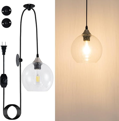 Clear Raindrop Glass Pendant Light Seeded Bubble Glass Shade Plug in Swag Lamp with Dimmable Switch 16.4 Ft Cord for Kitchen Island Dining Room Modern Farmhouse （Bulb not Included）