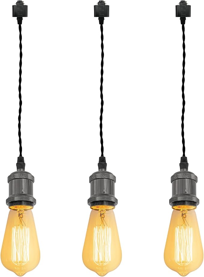 Kiven 3-Lights H System Track Mini Pendant, Pearl Black Finish Lamp Holder Fitting Track Light Kit, Rose Pendant Braided Fabric Flex Cord Length 15.75 in,TB0123-40CM