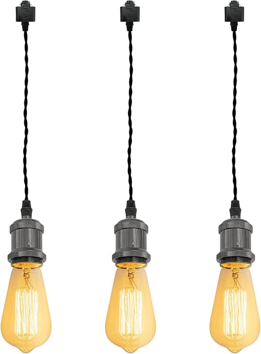 Kiven 3-Lights H System Track Mini Pendant, Pearl Black Finish Lamp Holder Fitting Track Light Kit, Rose Pendant Braided Fabric Flex Cord Length 15.75 in,TB0123-40CM