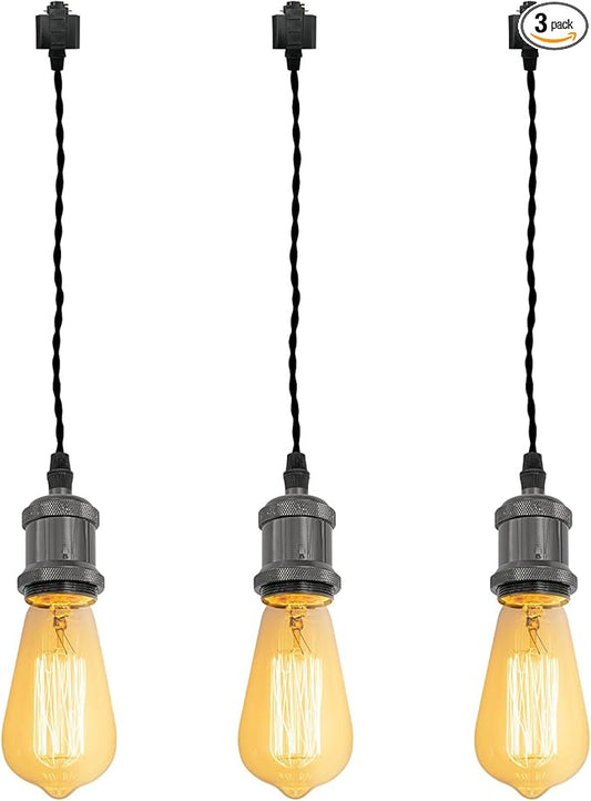 Kiven 3 Pack H-Type 3 Wire Track Light,Rose Pendant Braided Fabric Flex Cord Length 23.62 in for Restaurant Chandelier Decorative Pendant Light Industrial Factory Pendant Lamp,Bulb Not Included