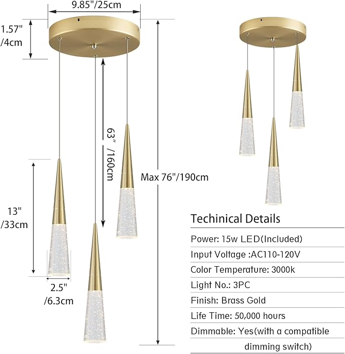 JoollySun Modern Crystal Pendant Light: Gold 3 Cluster Hanging Light Fixtures for Kitchen Island Bathroom
