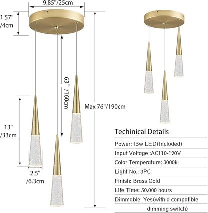 JoollySun Modern Crystal Pendant Light: Gold 3 Cluster Hanging Light Fixtures for Kitchen Island Bathroom
