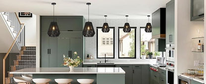 13” Boho Hand Woven Rattan Mini Chandelier Matte Black Classic Pendant Light for Kitchen Island Dining Room Hallway, UL Listed