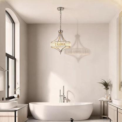 Brushed Nickel Bathroom Chandeliers for Dining Room,15.7" Modern Round Crystal Chandelier Over Tub,4-Light Unique Pendant Light Fixtures for Entryway Foyer Living Room Bedroom Kitchen Island