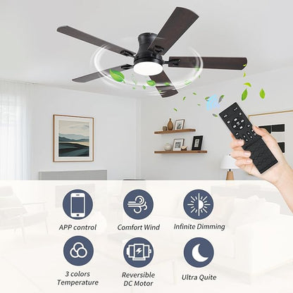 KNUN Ceiling Fans with Lights,52 Inch Low Profile Ceiling Fan with Light and Remote Control,Flush Mount,6 Speeds DC Reversible Motor, 3CCT Dimmable, Noiseless Brown Ceiling Fan for Living Room,Patio