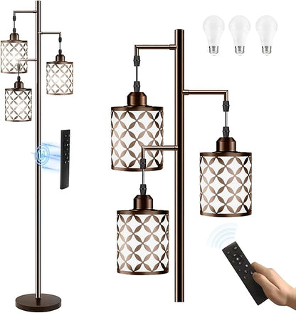 Dimmable Floor Lamp, Farmhouse Standing Lamp with Elegant Metal Cage, Industrial Tall Tree Floor Lamps for Living Room, Bedroom, Study Room, Office, 3 x 800LM LED Bulbs Included, 72", Brown