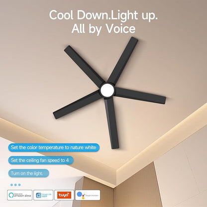 ocioc Smart Ceiling Fans with Lights,52 inch,Reversible Quiet DC Motor,Dimmable,Black Ceiling Fan Compatible with Alexa Google home Indoor/Outdoor