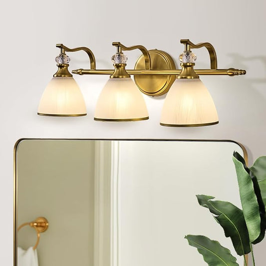 ANDY STAR Bathroom Light Fixture, 3-light Brass Vanity Light, Vintage Bathroom Lights Over Mirror with Crystal Beads, Wall Sconce Lighting with Frosted Milky Glass Shade, E26 Base (Bulbs Not Included)