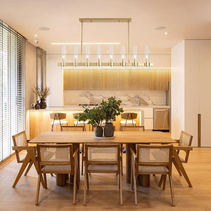8-Light Linear Chandelier - Gold Kitchen Island Lighting - with Glass Shape Adjustable 50'' Modern Farmhouse Rectangle Pendant Light Fixtures, Dining Room, Bedroom