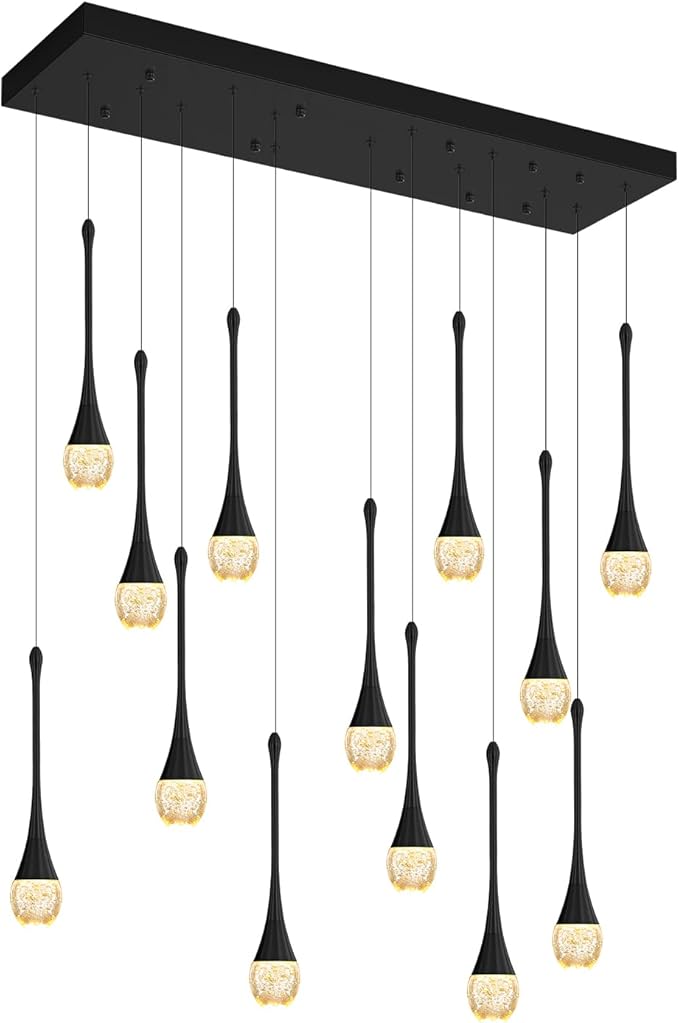 ykolupty Modern Rectangular Chandelier,14 Lights Black Raindrop Chandelier Lighting,Industrial Linear Pendant Ceiling Light Fixture for Dining Living Room Kitchen Island