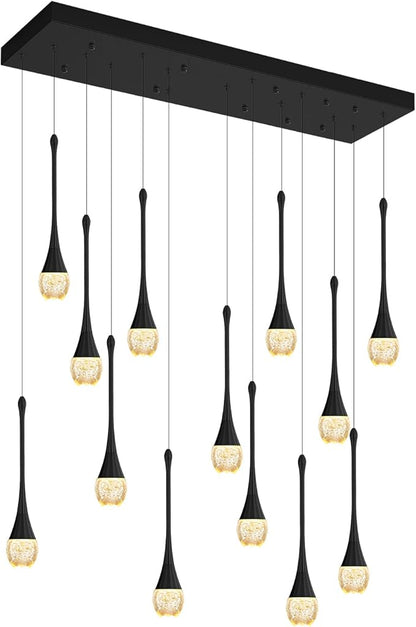 ykolupty Modern Rectangular Chandelier,14 Lights Black Raindrop Chandelier Lighting,Industrial Linear Pendant Ceiling Light Fixture for Dining Living Room Kitchen Island