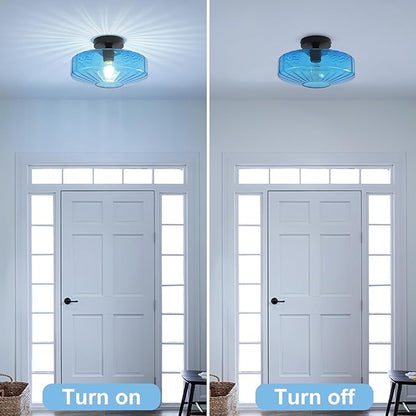 Blue Glass Ceiling Light, 11.8 Inches Mid Century Semi Flush Mount Ceiling Light Retro Small Chandelier Glass Overhead Lighting for Girl's Room Kids Room Nursery Bedroom Closet Hallway E26