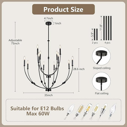 Large 35 Inch 2-Tier Modern Black Chandelier, 12-Light Farmhouse Candle Pendant Light for High Ceiling Foyer Entryway Living Room