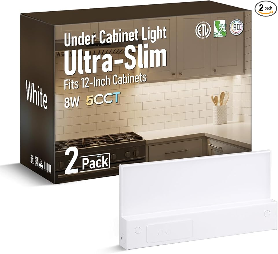 TORCHSTAR Ultra-Slim LED Under Cabinet Lighting Fits 12 Inch Cabinets, 5CCT 8W 600LM, Hardwired & Plug-in, 120V CRI90 Linkable Dimmable Thin Under Counter Lights for Kitchen, ETL T24, Pack of 2