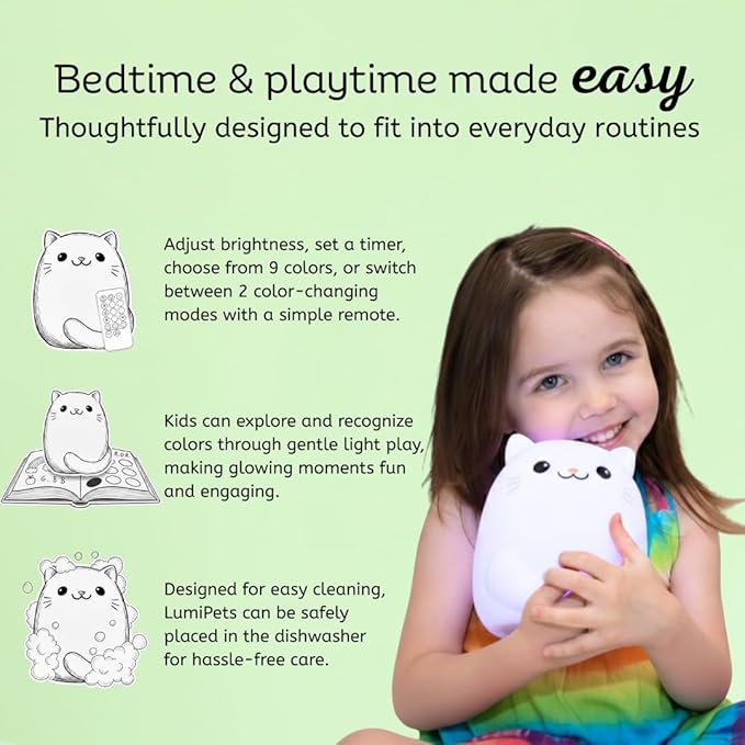Lumipets Clive the Cat Squishy Silicone Night Light for Kids | Cute Night Light with Remote & Touch Control for Baby & Toddler Bedrooms | Color Changing Portable Animal Nightlight | Kids Mood Lamp